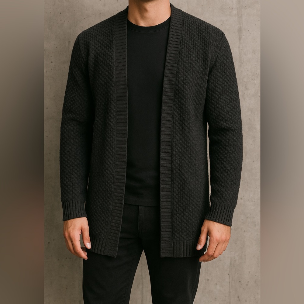 Zara Man Black Open-Front Knit Cardigan – Men’s Medium – Cozy Layering Essential
